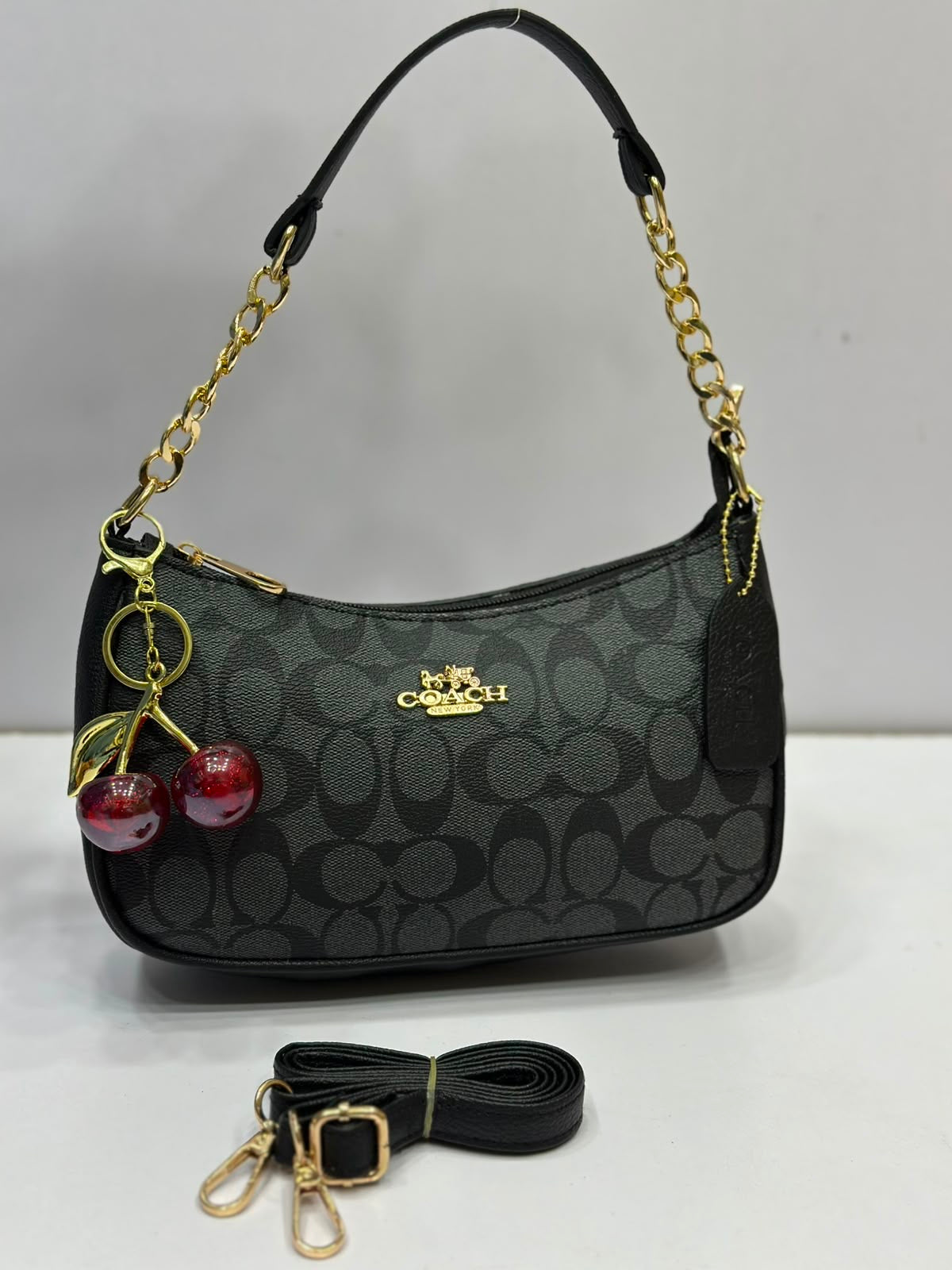 Coach Teri Shoulder Bag (AAA Quality) with Cherry Keychain & Dust Bag