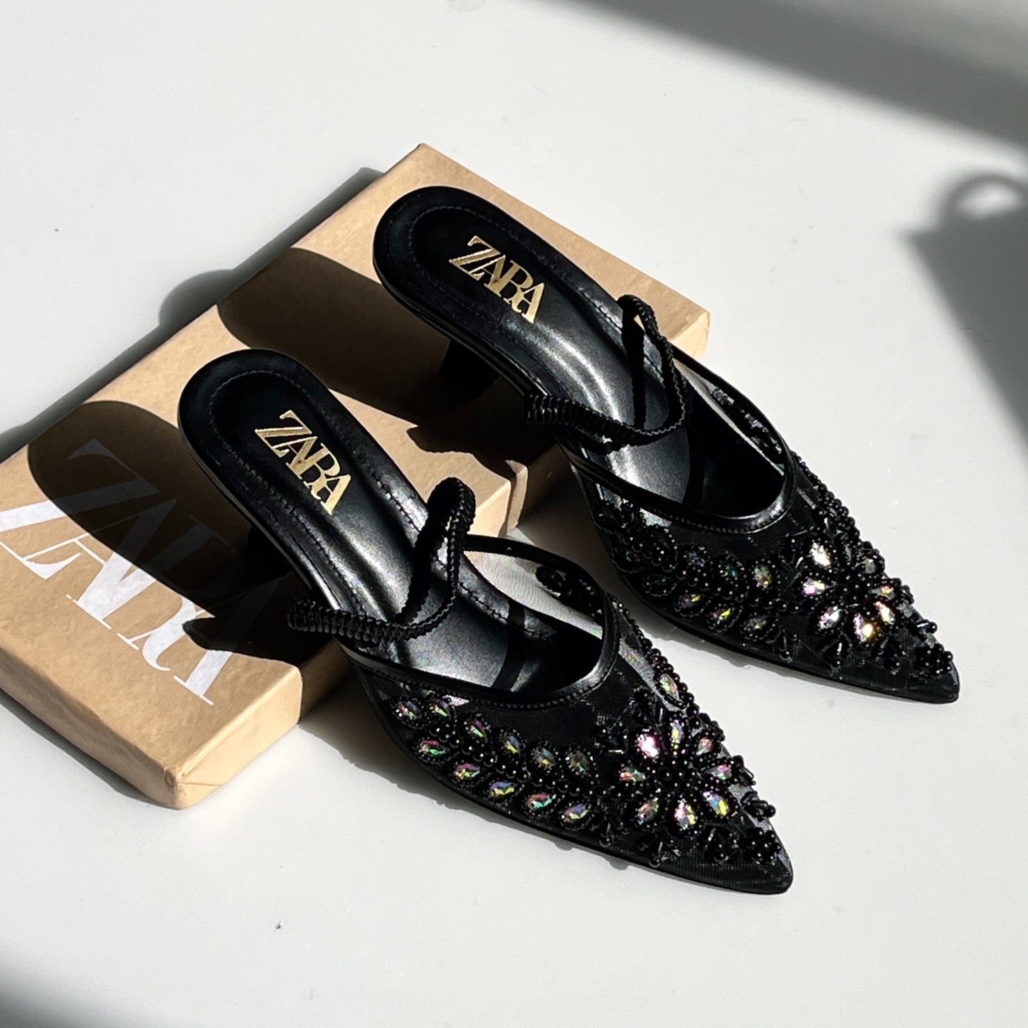 ZARA Net Pearl Embroidered Heels – Brand Box Included