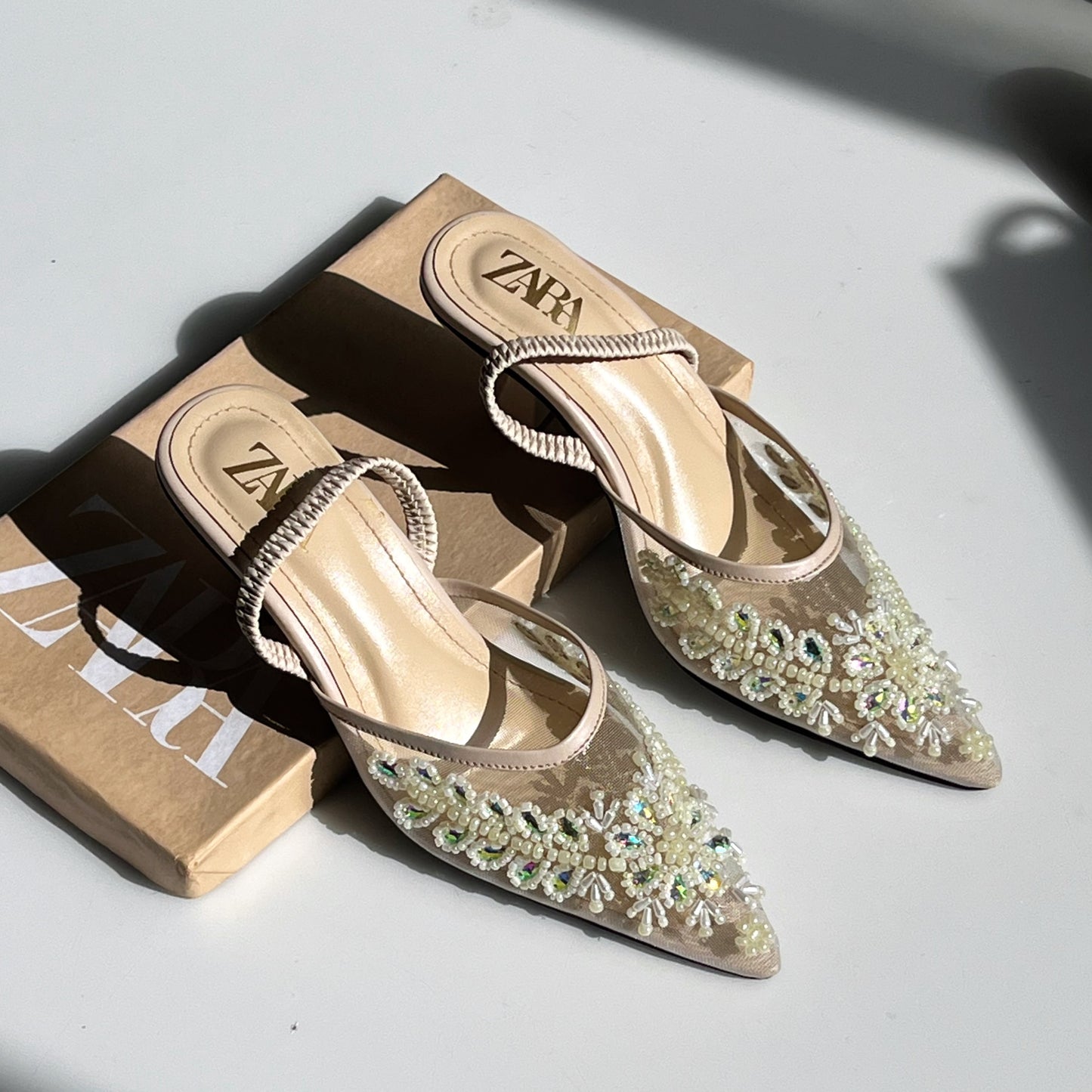 ZARA Net Pearl Embroidered Heels – Brand Box Included
