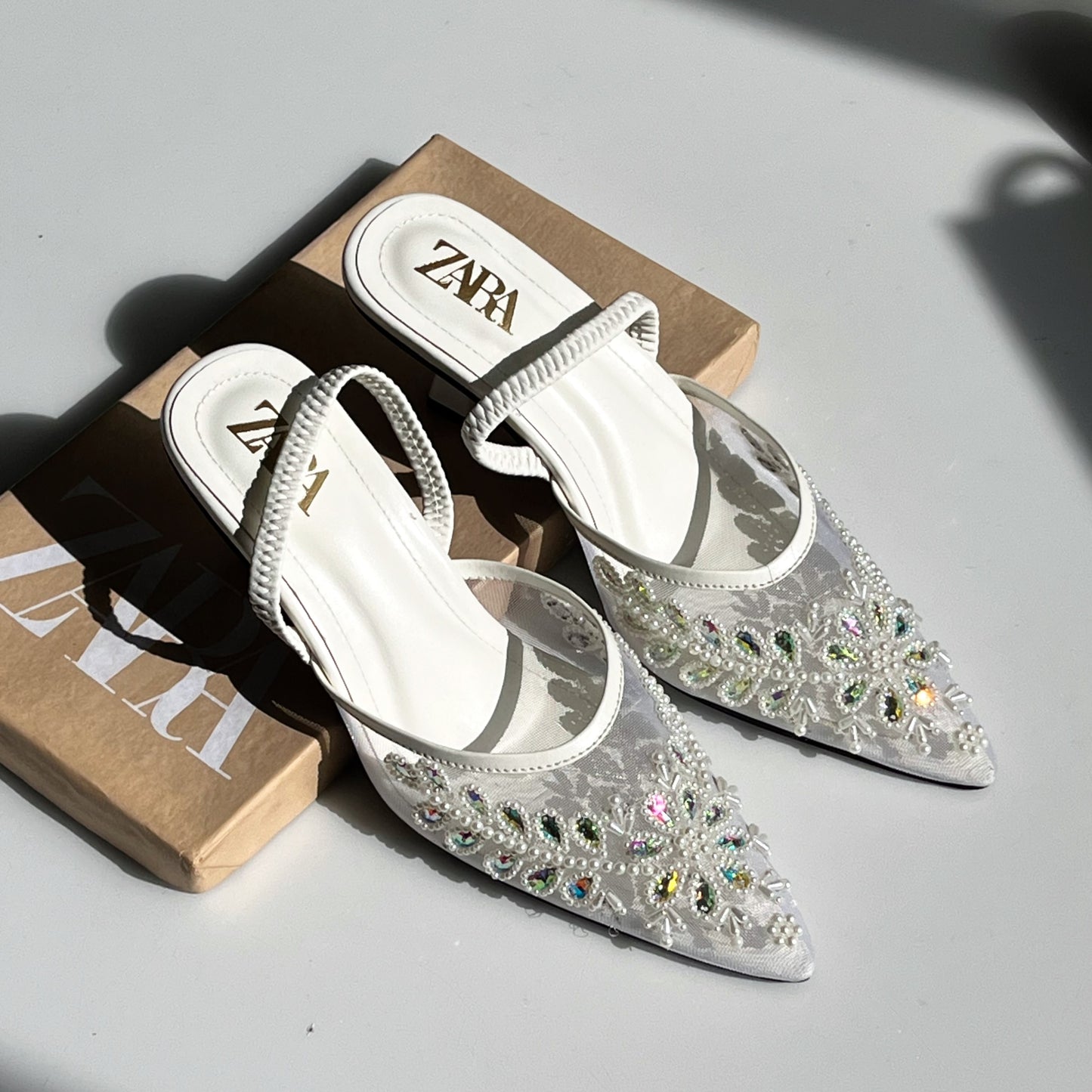 ZARA Net Pearl Embroidered Heels – Brand Box Included