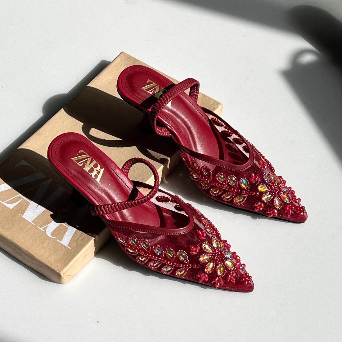 ZARA Net Pearl Embroidered Heels – Brand Box Included